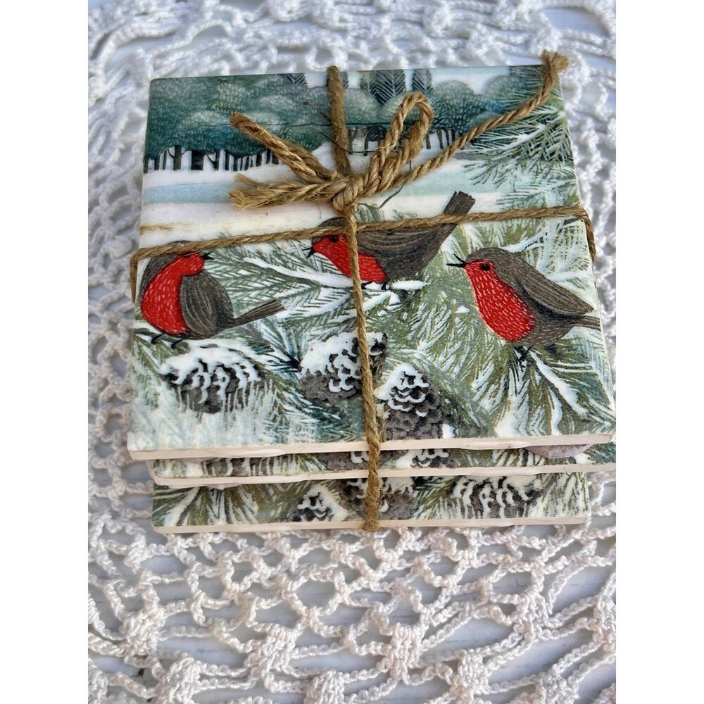Handmade  Red Robin Coasters Set of 4 Ceramic Tile Coasters Cottagecore
